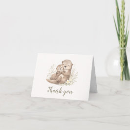 Watercolor Otter Family Botanical Baby Shower Bedankkaart