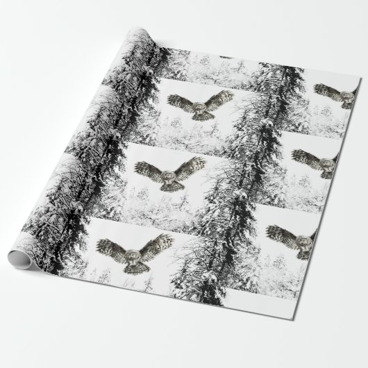 Watercolor Owl Flight Winter Forest Snow Bird Cadeaupapier (Uitgerold)