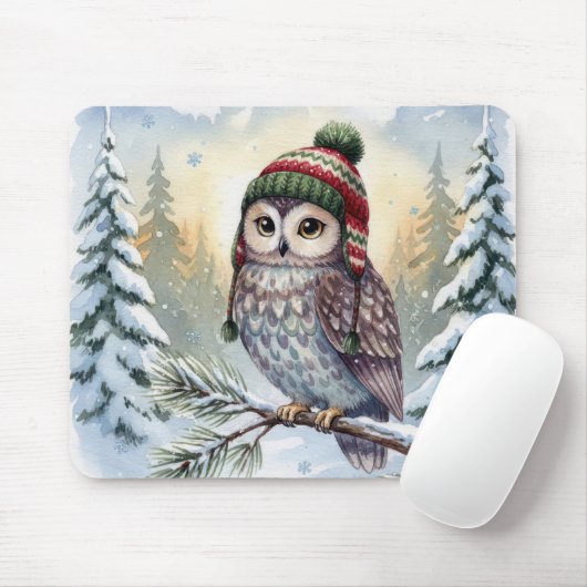 Watercolor Owl In Winter Hat Muismat (Met muis)