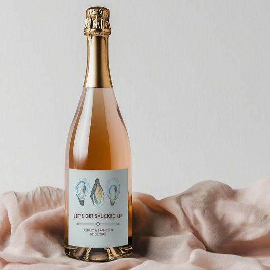Watercolor Oyster Coastal Seaside Wedding Sparkling Wijnetiket