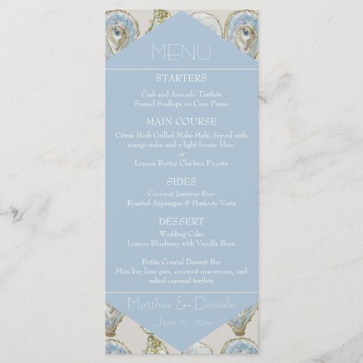 Watercolor Oysters Wedding- Light Blue Flat Menu (Voorkant)
