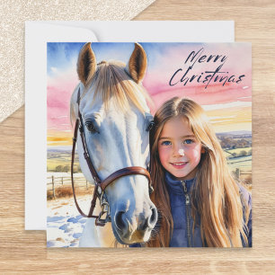 Watercolor Paard en Meisje Sneeuw Afbeelding Kerst Feestdagenkaart