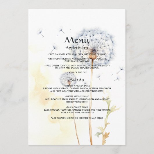 Watercolor Paardenbloem Bruiloft Menu (Voorkant)