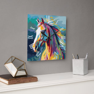 Watercolor Paardenhoofd Illustratie Vierkante Klok