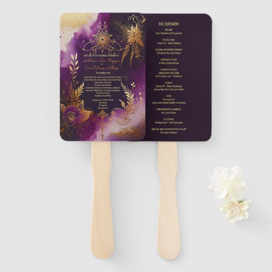 Watercolor Paars en Goud Bloem Bruiloftsprogramma Handwaaier (Voorkant en achterkant)