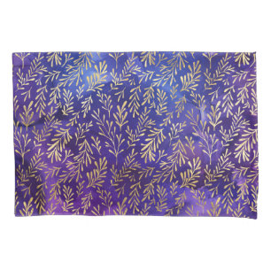 Watercolor Paars Patroon met Gouden Bladeren Kussensloop