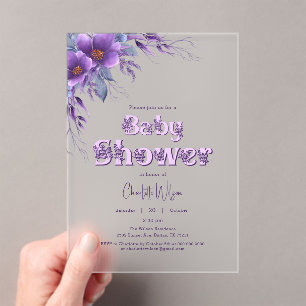 Watercolor Paarse Bloem Baby Shower Acryl Uitnodigingen