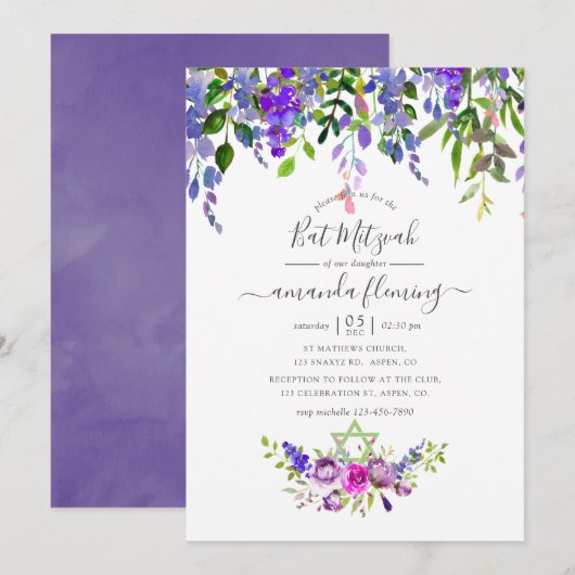 Watercolor Paarse Bloem Bat Mitzvah Kaart (Voorkant / Achterkant)