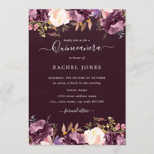 Watercolor Paarse Bloem Quinceanera Uitnodiging