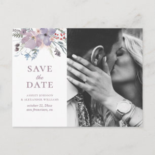 Watercolor paarse bloemen. Bloemig Save the Date Briefkaart