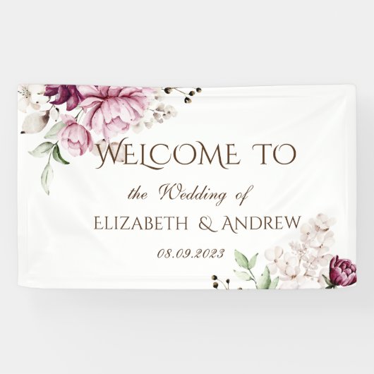 Watercolor Paarse Bloemen Bruiloft Spandoek (Horizontaal)