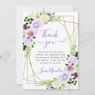 Watercolor paarse bloemen gouden lijst verjaardag bedankkaart
