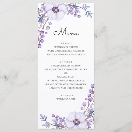 Watercolor paarse bloemen. Paarse bloemige bruilof Menu (Voorkant)