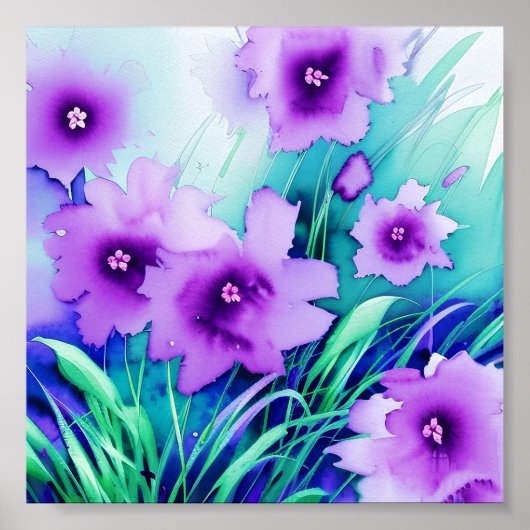 Watercolor paarse bloemen poster (Voorkant)