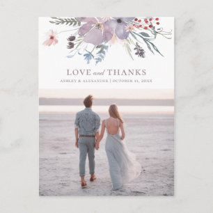 Watercolor paarse bloemen. Trouwliefde en dank Briefkaart