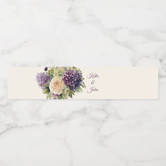 Watercolor Paarse Bloemenboeket-Huwelijk- Waterfles Etiket (Enkel label)