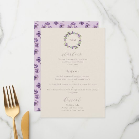 Watercolor Paarse Bloemenkrans Sering Menu (Voorkant / Achterkant in situ)