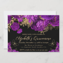 Watercolor Paarse en Gouden Bloemen Quinceanera