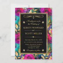 Watercolor Paarse en Turkooizen Bloemen Bruiloft