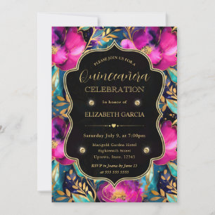 Watercolor Paarse en Turquoise Bloemen Quinceanera Kaart