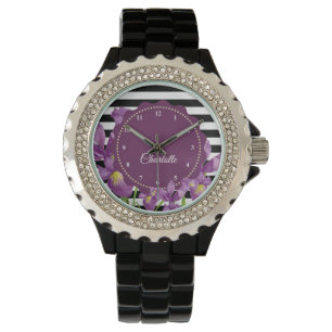 Watercolor Paarse Iris Zwart Witte Strepen Patroon Horloge