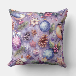 Watercolor Paarse Kerst Motieven Kerstvogels Kussen