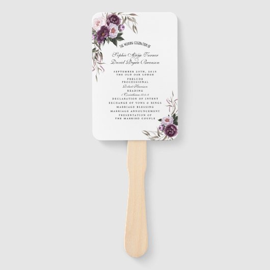 Watercolor Paarse Roze Bloemen Huwelijksprogramma  Handwaaier (Voorkant)