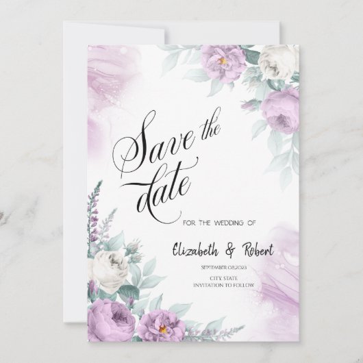 Watercolor Paarse Rozen Bewaar De Datum Save The Date (Voorkant)