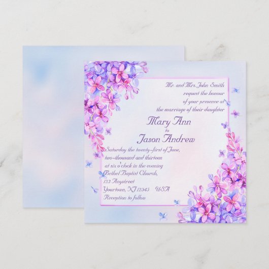 Watercolor Paarse Sering Bloem Uitnodigingskaart Kaart (Voorkant / Achterkant)