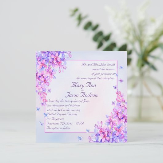 Watercolor Paarse Sering Bloem Uitnodigingskaart Kaart (Staand voorkant)