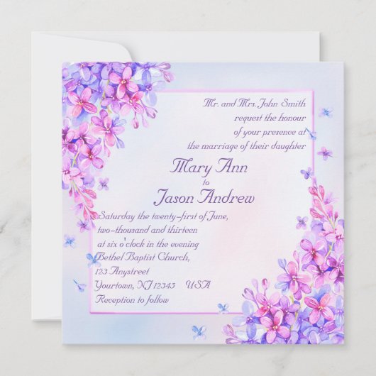 Watercolor Paarse Sering Bloem Uitnodigingskaart Kaart (Voorkant)