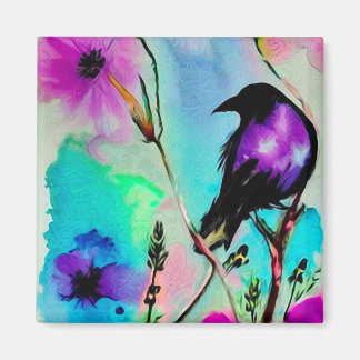 Watercolor Paarse & Zwarte Vogel Magneet