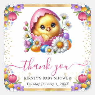 Watercolor Paas Kuiken Lente Bloemen Baby Shower Vierkante Sticker