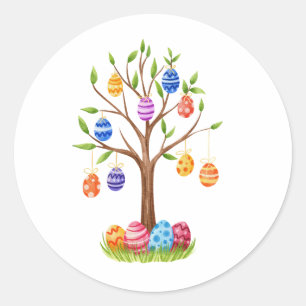 Watercolor Paasboom met hangende versierde eieren Ronde Sticker