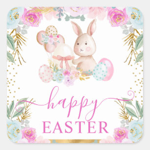 Watercolor Paashaas en Bloemen Vierkante Sticker