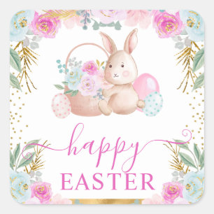 Watercolor Paashaas en Bloemen Vierkante Sticker