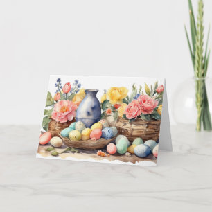 Watercolor Paasillustratie met bloemen, eieren Feestdagen Kaart