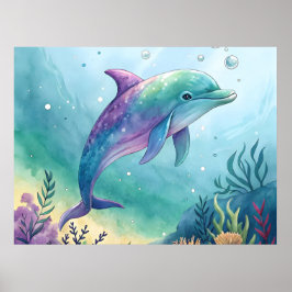 Watercolor painted dolphin poster