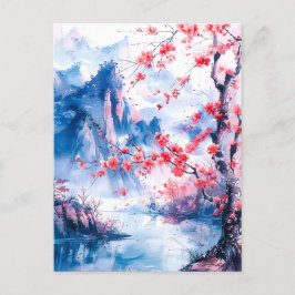 Watercolor painting chinese mountain sakura briefkaart