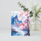 Watercolor painting chinese mountain sakura briefkaart (Staand voorkant)