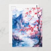 Watercolor painting chinese mountain sakura briefkaart (Voorkant / Achterkant)