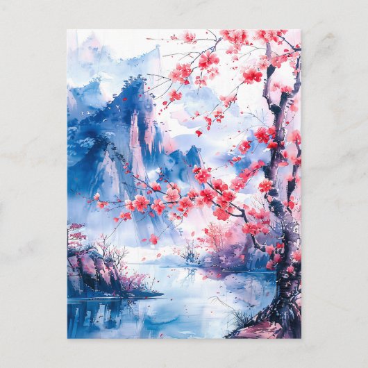 Watercolor painting chinese mountain sakura briefkaart (Voorkant)