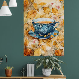watercolor painting of a blue porcelain teacup poster