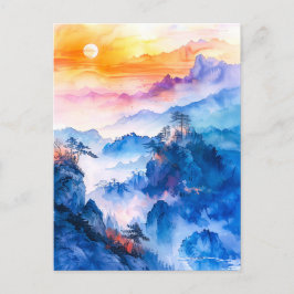 Watercolor painting of sundown chinese mountain briefkaart