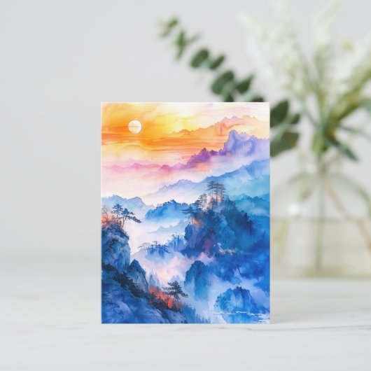 Watercolor painting of sundown chinese mountain briefkaart (Staand voorkant)