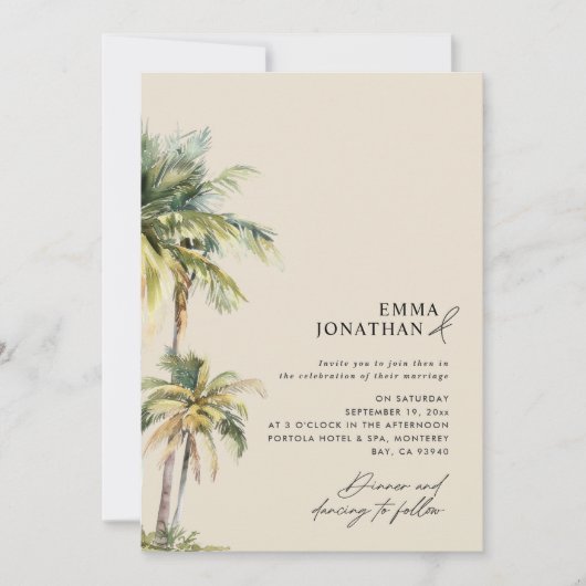 Watercolor Palm Tree Destination coastal Wedding Kaart (Voorkant)