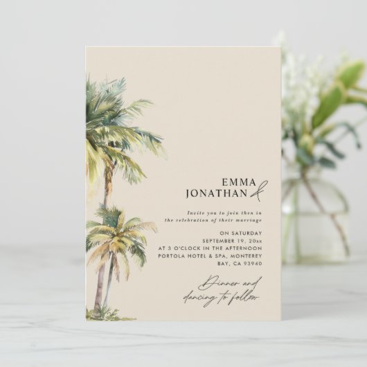 Watercolor Palm Tree Destination coastal Wedding  Kaart (Staand voorkant)