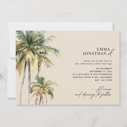 Watercolor Palm Tree Destination coastal Wedding  Kaart (Voorkant)