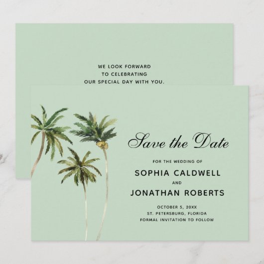 Watercolor Palmbomen Eenvoudig Tropisch Save The Date (Voorkant / Achterkant)