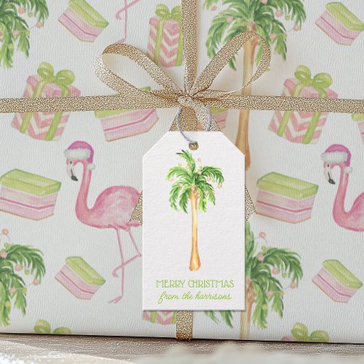 Watercolor Palmboom Kerstmis Cadeaulabel